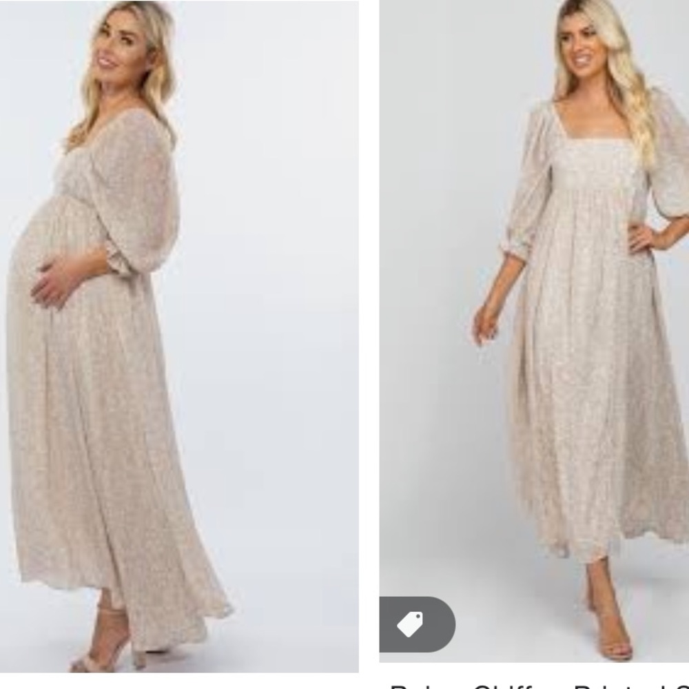 NWT Pink Blush Beige Chiffon Printed Square Neck Empire Maternity Maxi Dress